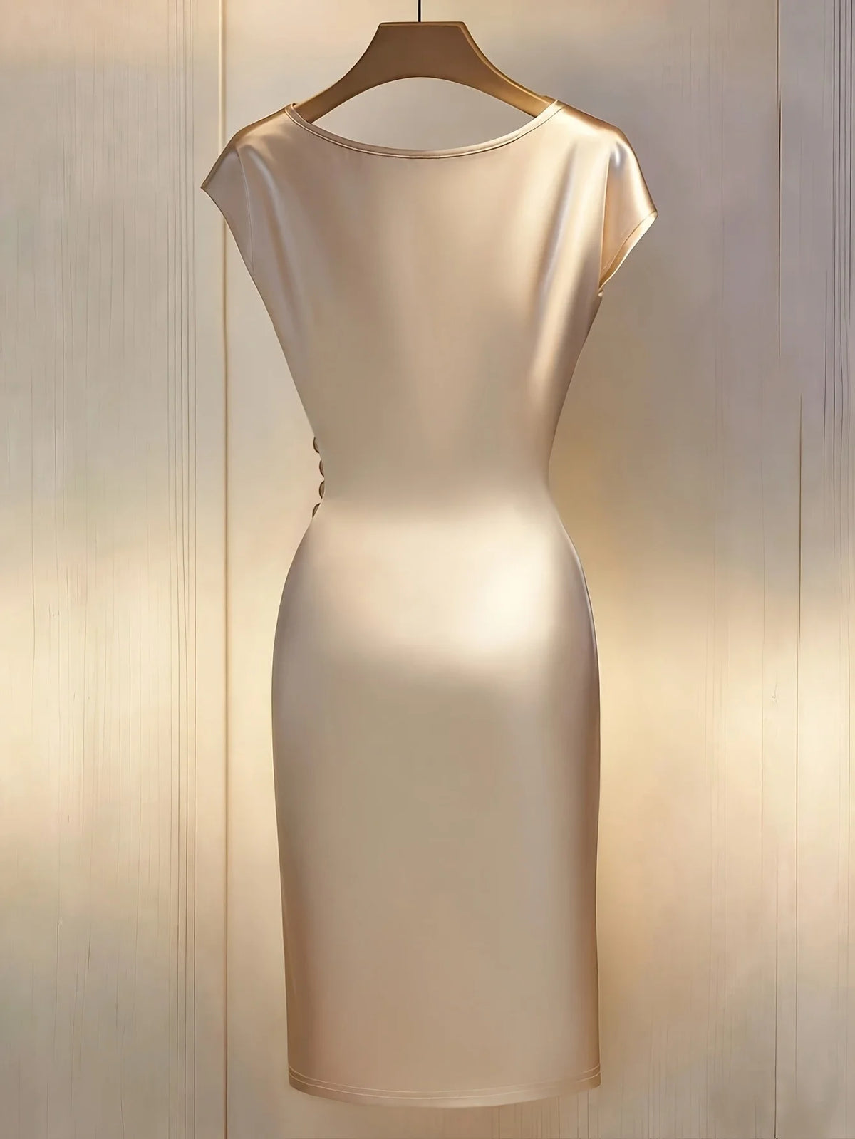 Women'S New V-Neck Short Sleeve Pleated Waist Button-Decorated Side Slit Fitted Dress Satin Dress Elegant Women'S Dress Champagn